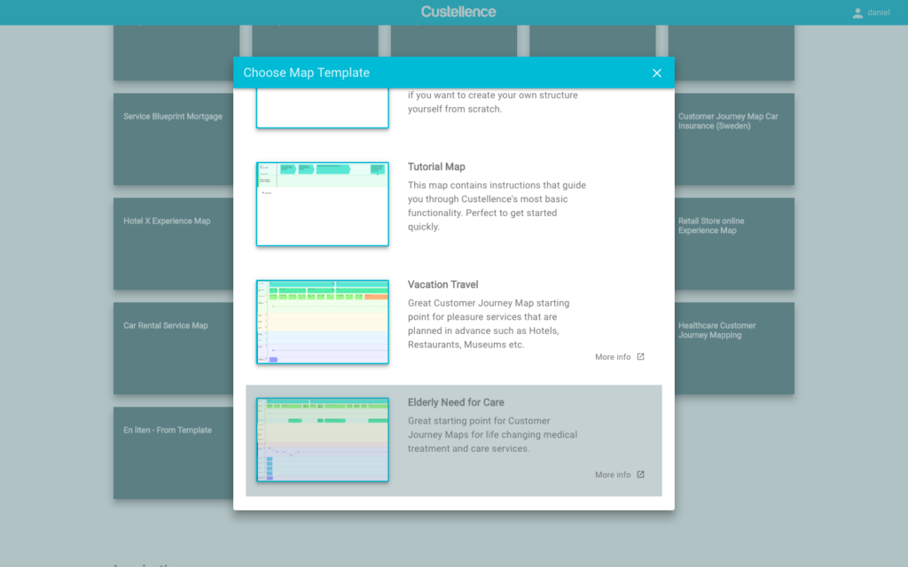 Screen showcasing different customer journey map templates.
