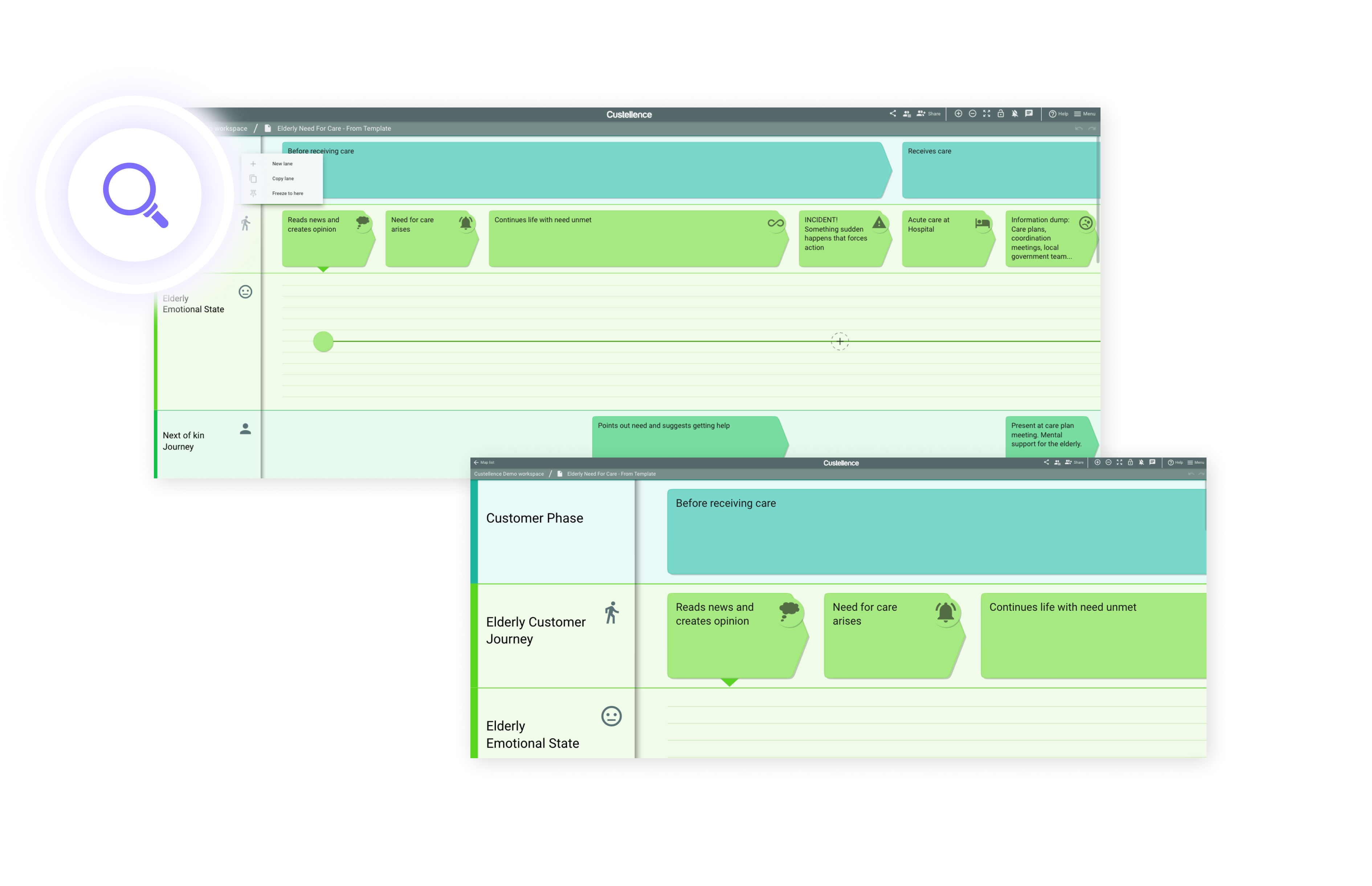 Two customer journey maps with one that is zoomed out and one highly zoomed in to see that there is different views and that it´s very easy to navigate.