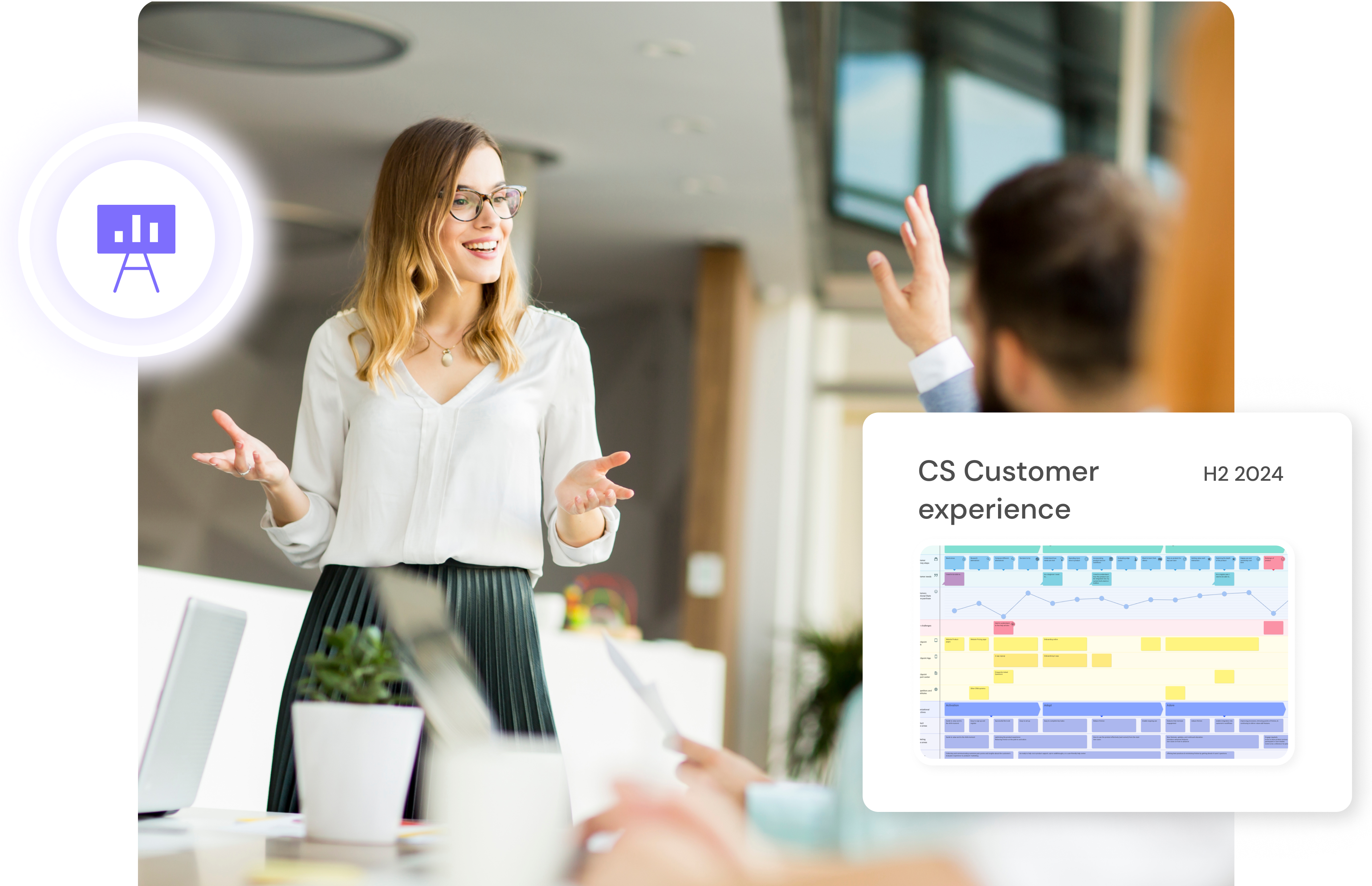 A woman presenting a customer journey to a stakeholder. Its a visually appealing map that catches the interest of the participant and he raises his hand to ask questions.